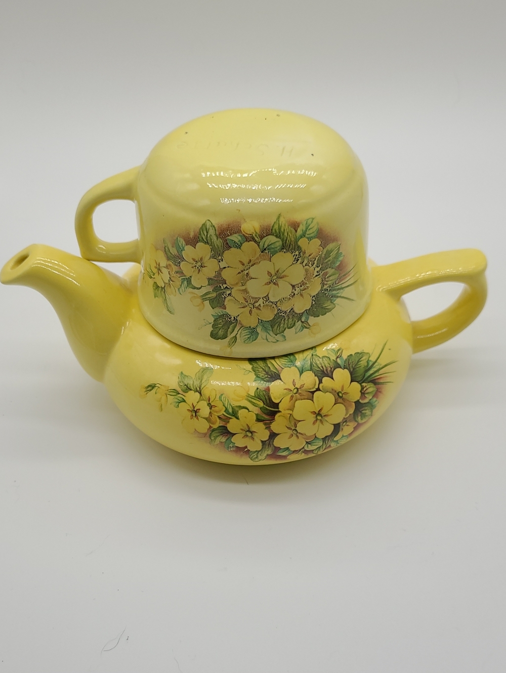 Vintage Signed Yellow Ceramic Stacking Tea for One Teapot Cup Set Yellow Rose